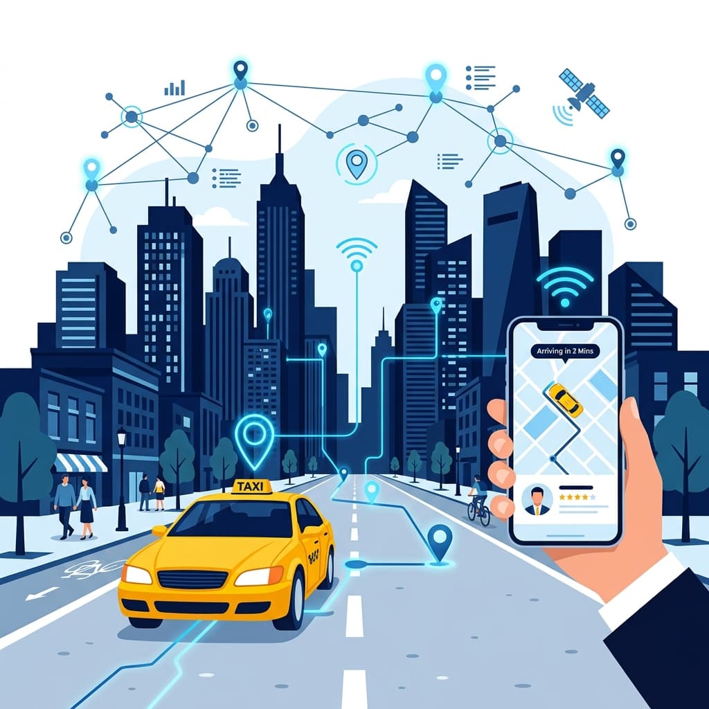 Ilustración de taxi amarillo conectado a tecnología de mapas y movilidad urbana inteligente
